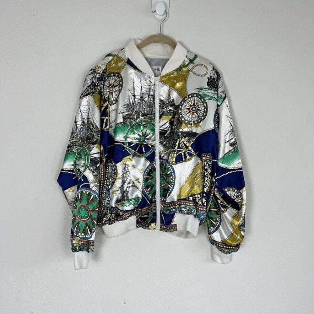 Casual Corner Vintage 80s Womens Satin Nautical Map Zip Up Bomber Jacket OS